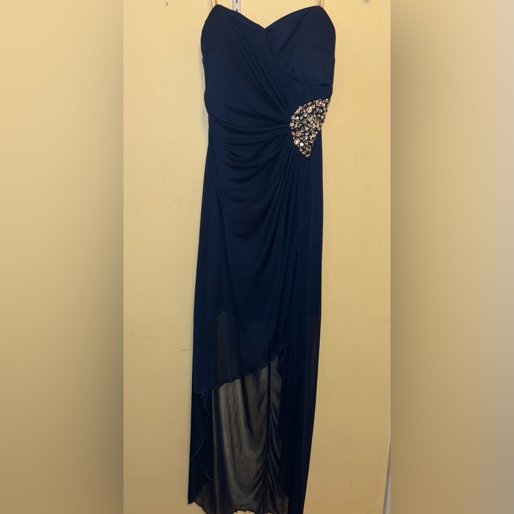 Navy Blue Formal High Low Dress with Embellishments